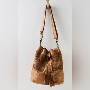 Free People Leather Woven Tasseled Adjustable Strap Gold Studded Bucket Bag NWT
